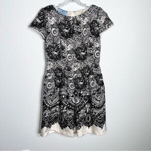 Prada Dress Women’s 10 46 Fit & Flared Satin Lace Printed Black White Short B23